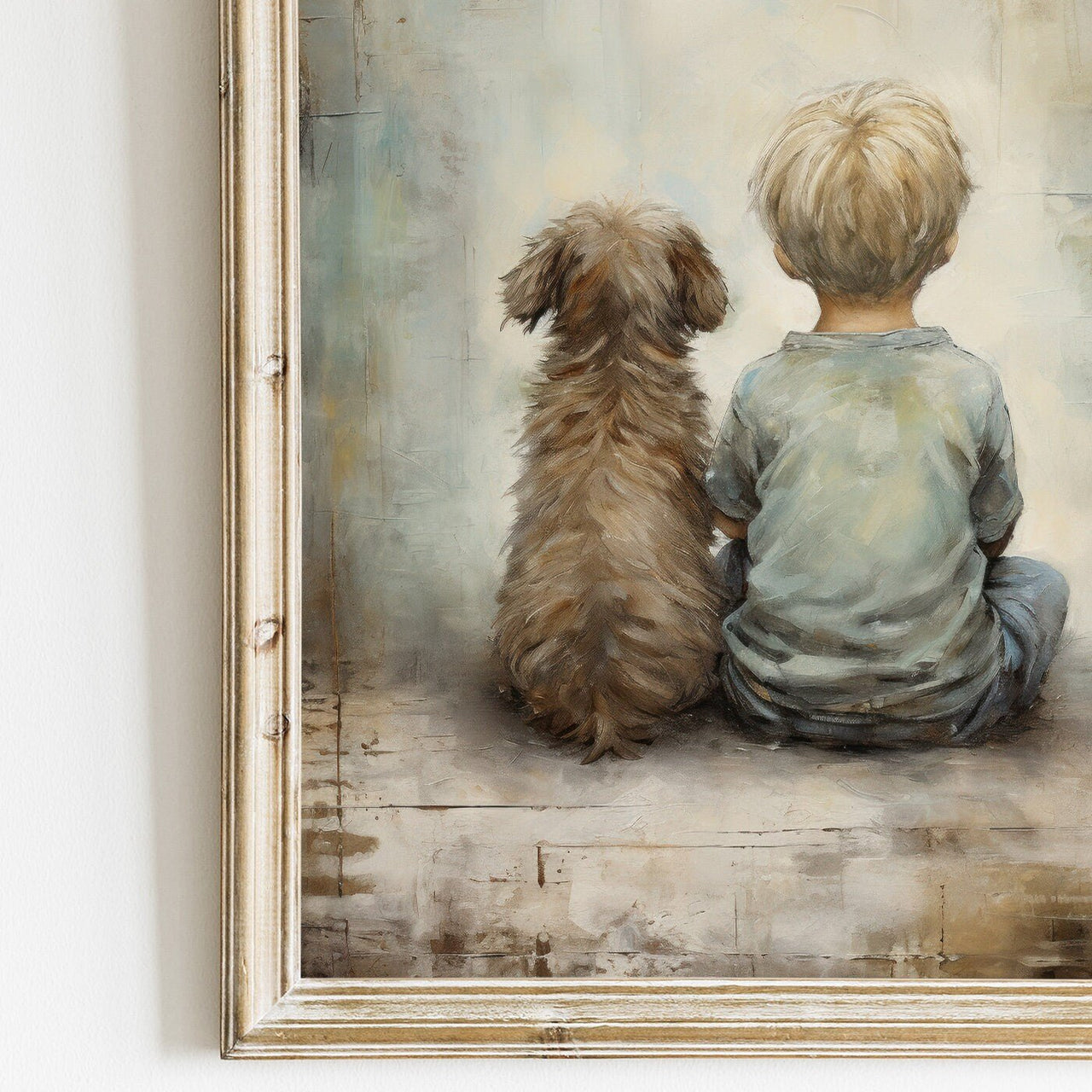 Blonde Boy and Dog Wall Art – Animal Boys Room Print