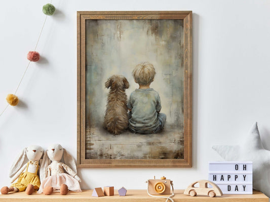 Boy and Dog Art Print, Rustic Nursery Decor, Dog Lover Wall Art - WildfieldPrints
