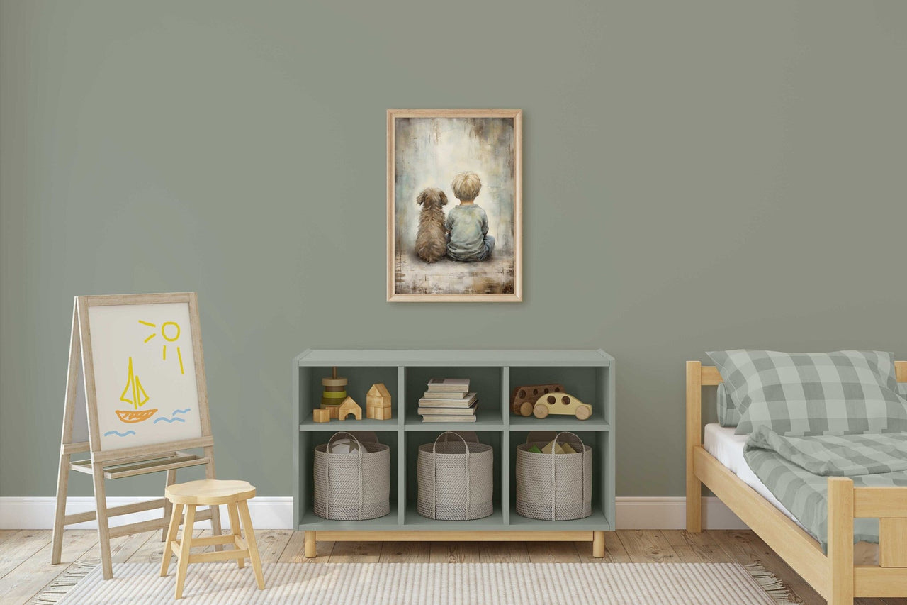 Blonde Boy and Dog Wall Art – Animal Boys Room Print