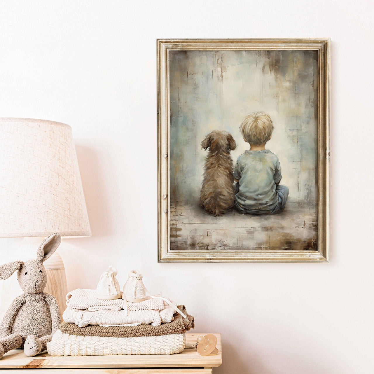 Blonde Boy and Dog Wall Art – Animal Boys Room Print