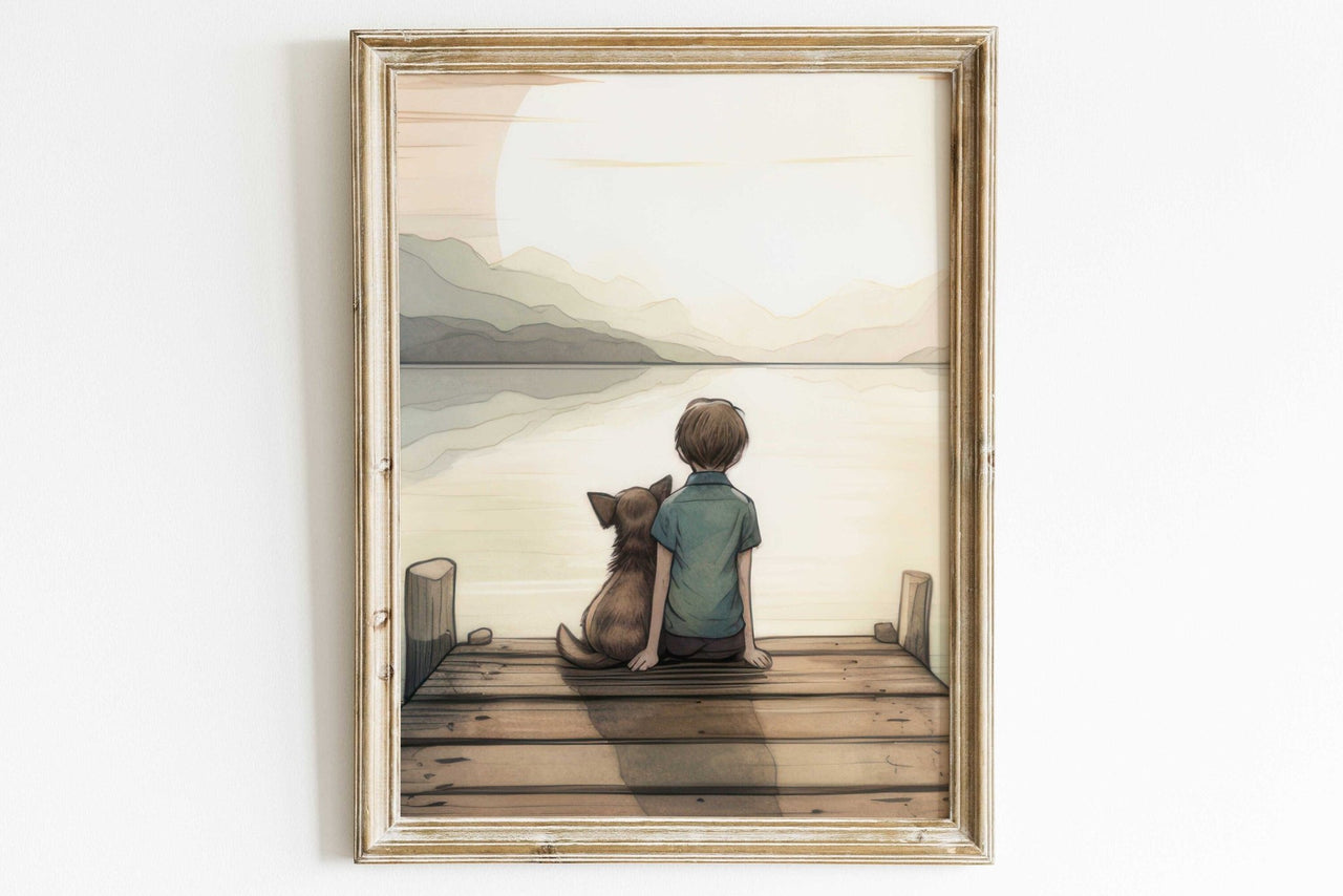 Boy and Dog Art Print – Animal Toddler Room Wall Decor