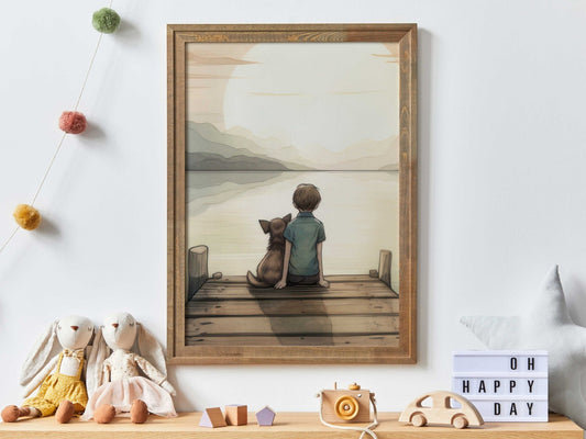 Boy and Dog Art Print, Toddler Room Decor, Puppy Wall Art - WildfieldPrints