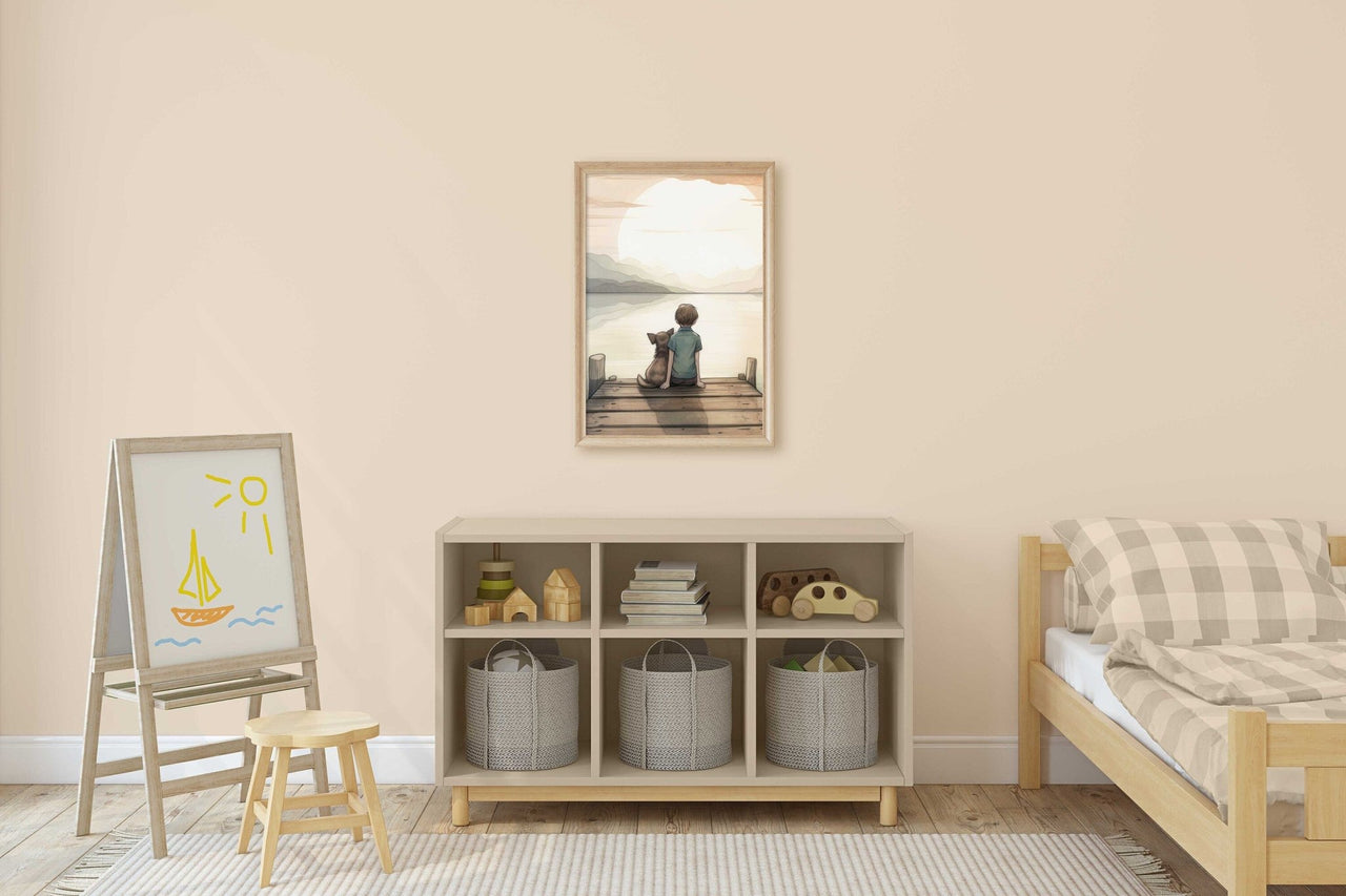 Boy and Dog Art Print – Animal Toddler Room Wall Decor