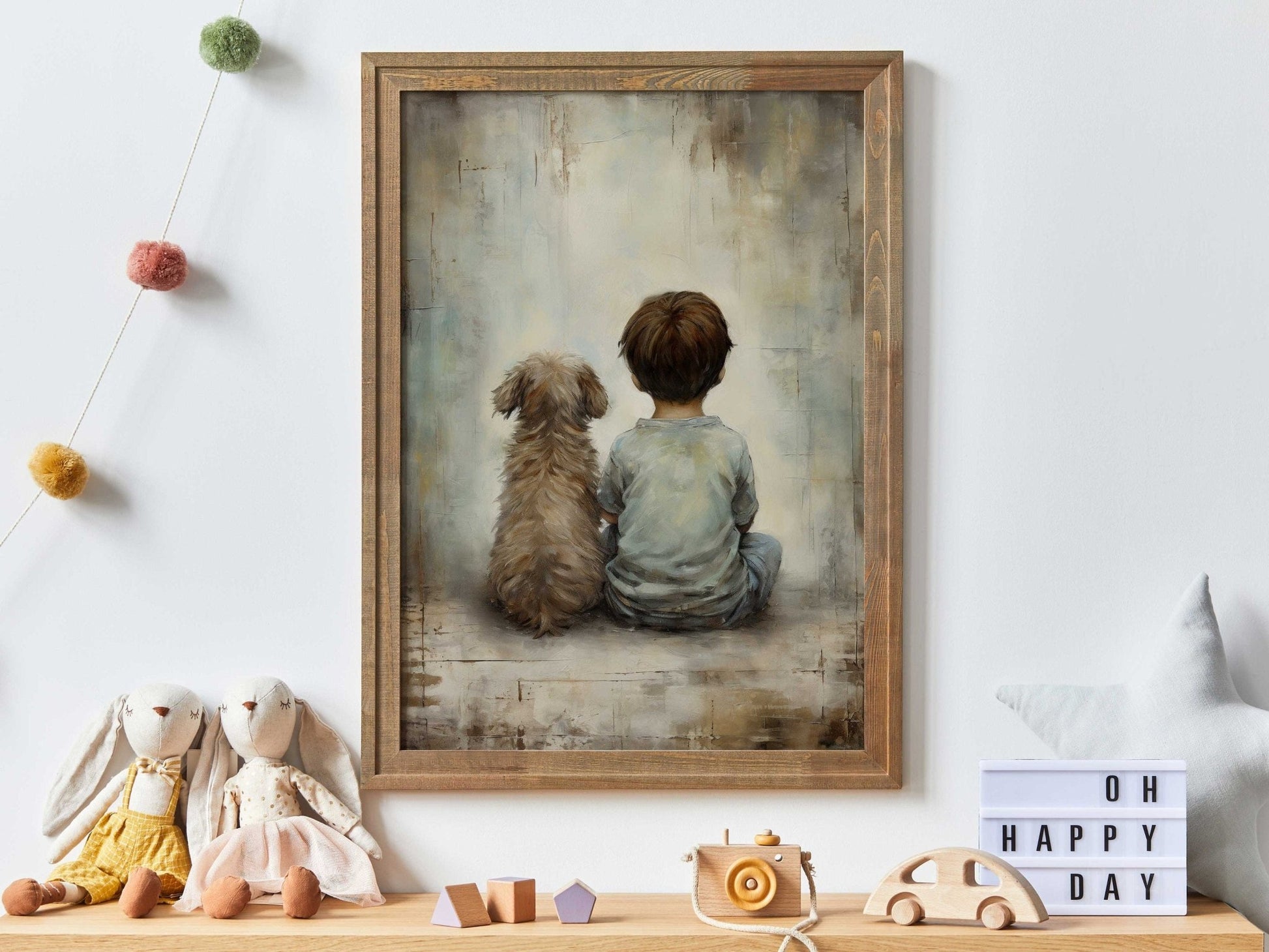 Boy and Dog Art, Vintage Nursery Print, Rustic Dog Decor, Kids Room - WildfieldPrints
