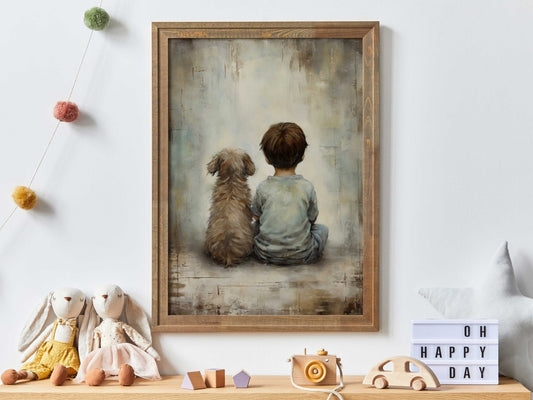 Boy and Dog Art, Vintage Nursery Print, Rustic Dog Decor, Kids Room - WildfieldPrints