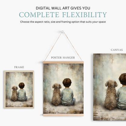 Boy and Dog Art, Vintage Nursery Print, Rustic Dog Decor, Kids Room - WildfieldPrints