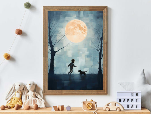 Boy and Dog Art, Whimsical Nursery Decor, Teal Bedroom Accent - WildfieldPrints