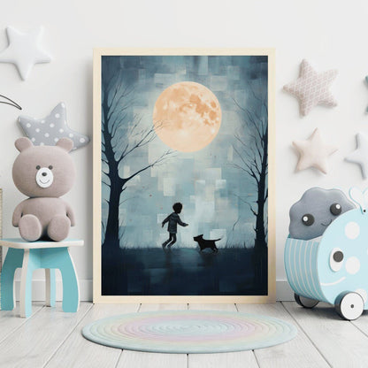 Boy and Dog Art, Whimsical Nursery Decor, Teal Bedroom Accent - WildfieldPrints
