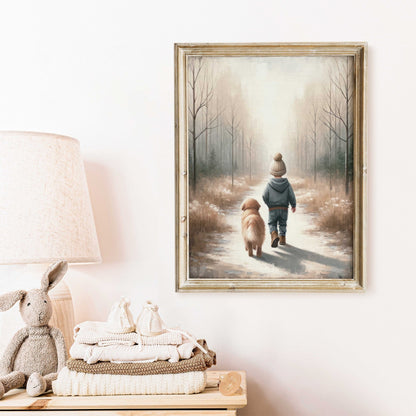 Boy and Dog Print, Golden Retriever Nursery Decor, Rustic Design, Puppy Art - WildfieldPrints