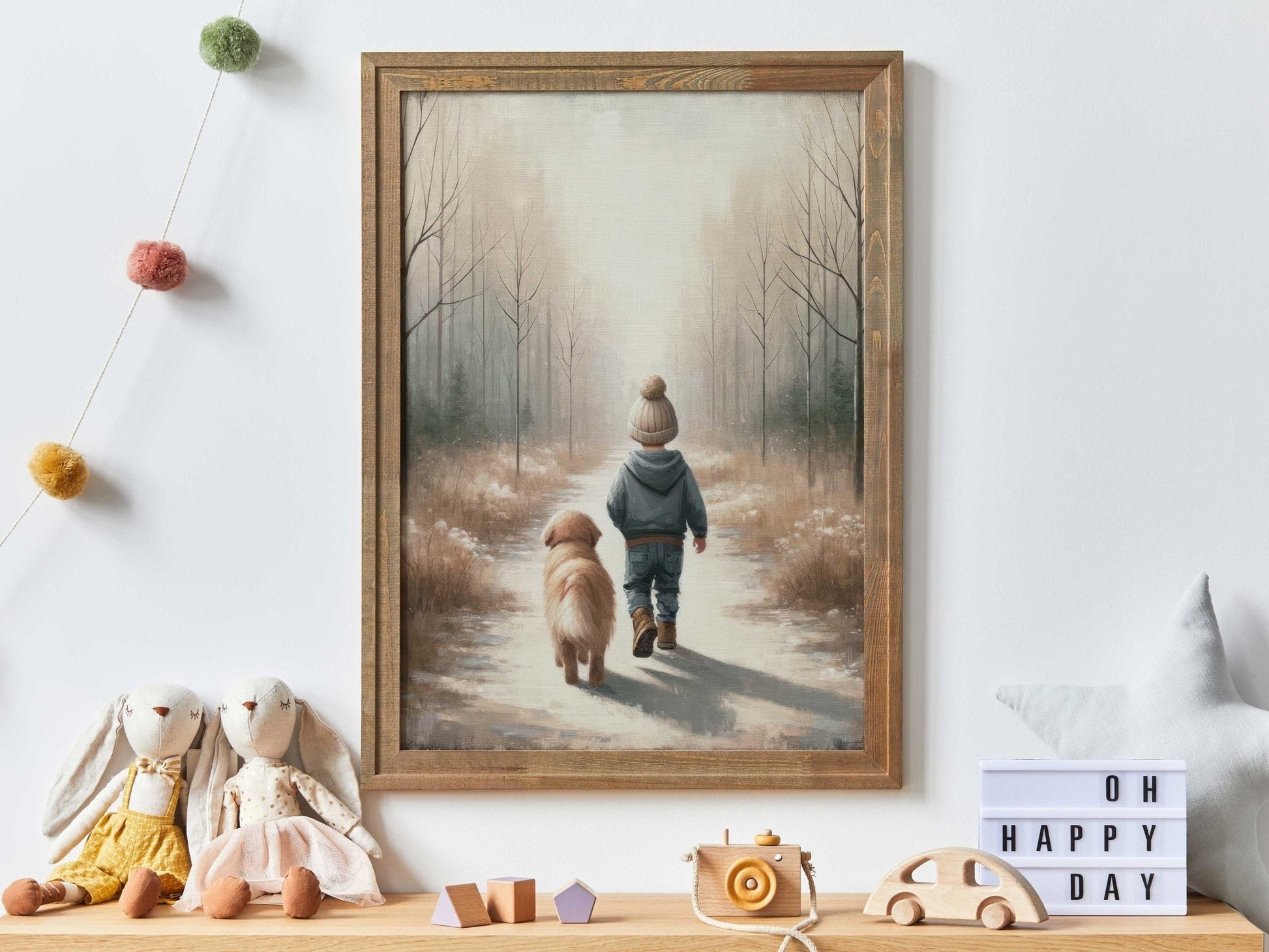 Boy and Dog Print, Golden Retriever Nursery Decor, Rustic Design, Puppy Art - WildfieldPrints