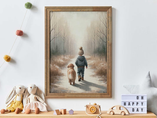 Boy and Dog Print, Golden Retriever Nursery Decor, Rustic Design, Puppy Art - WildfieldPrints