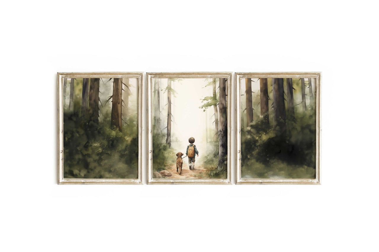 Hiking Dog Print – Animal Boys Room Wall Art • Set of 3