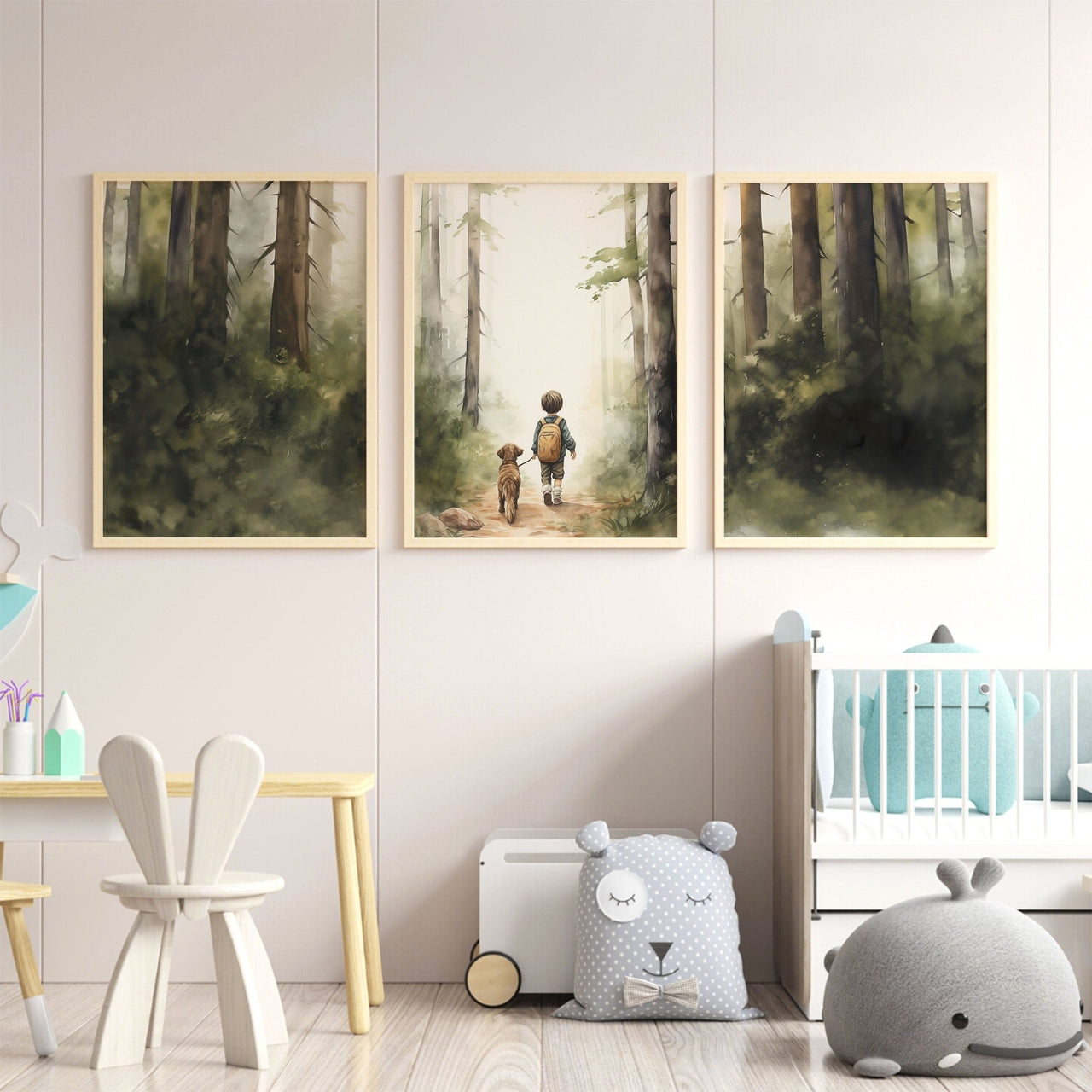Hiking Dog Print – Animal Boys Room Wall Art • Set of 3