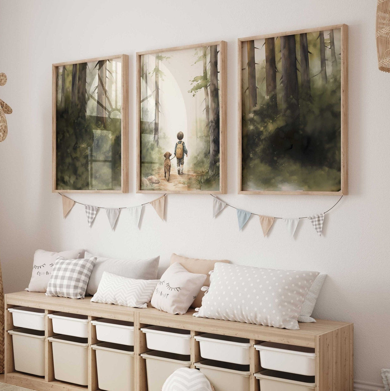 Hiking Dog Print – Animal Boys Room Wall Art • Set of 3