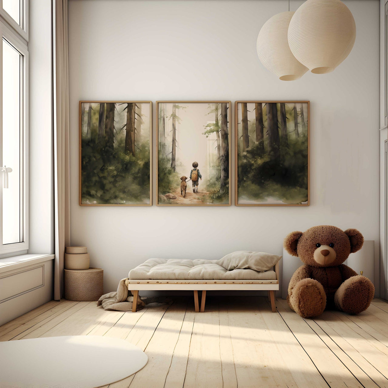 Hiking Dog Print – Animal Boys Room Wall Art • Set of 3