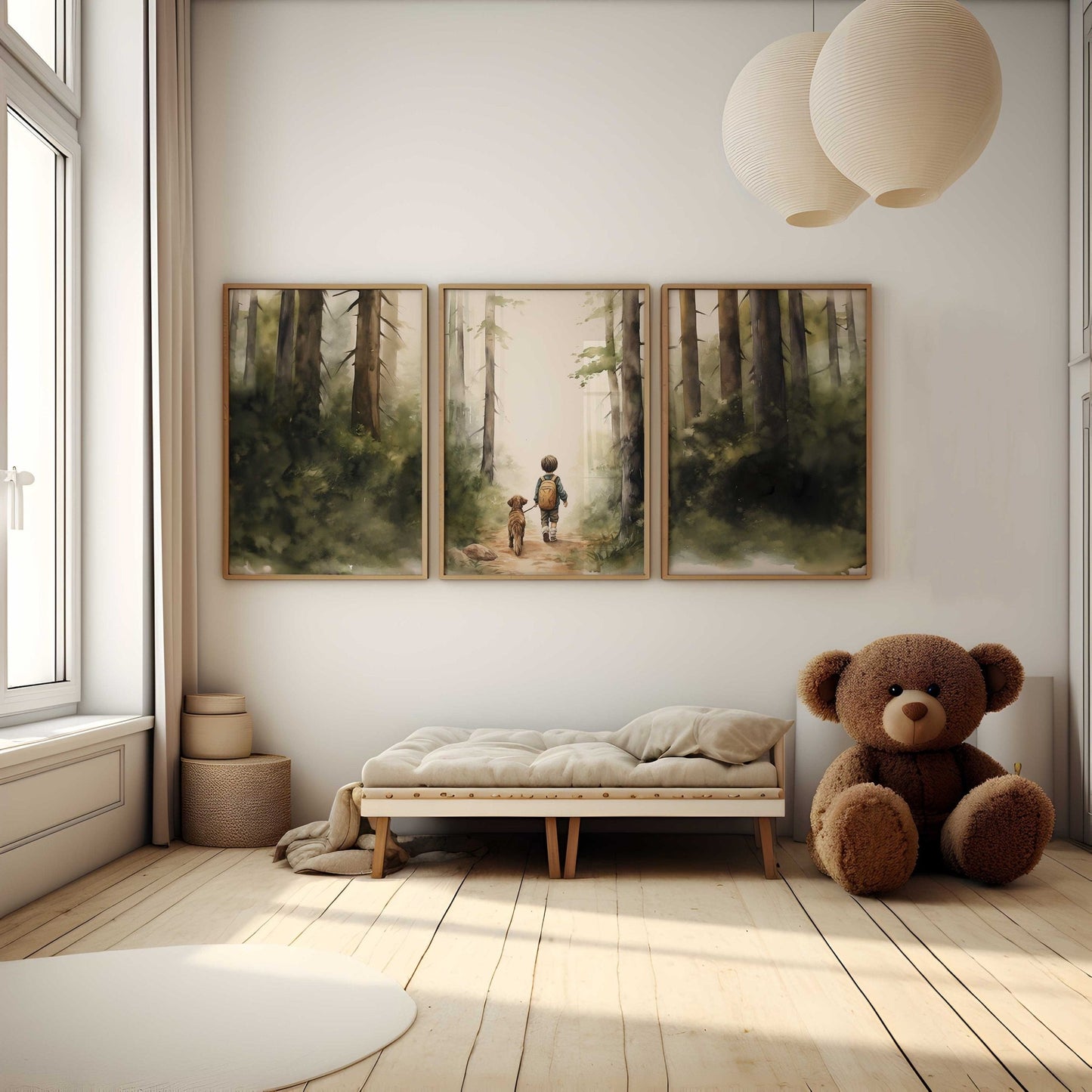 Boy and Dog Print, Hiking Dog Nursery Decor, Puppy Lover Art - WildfieldPrints
