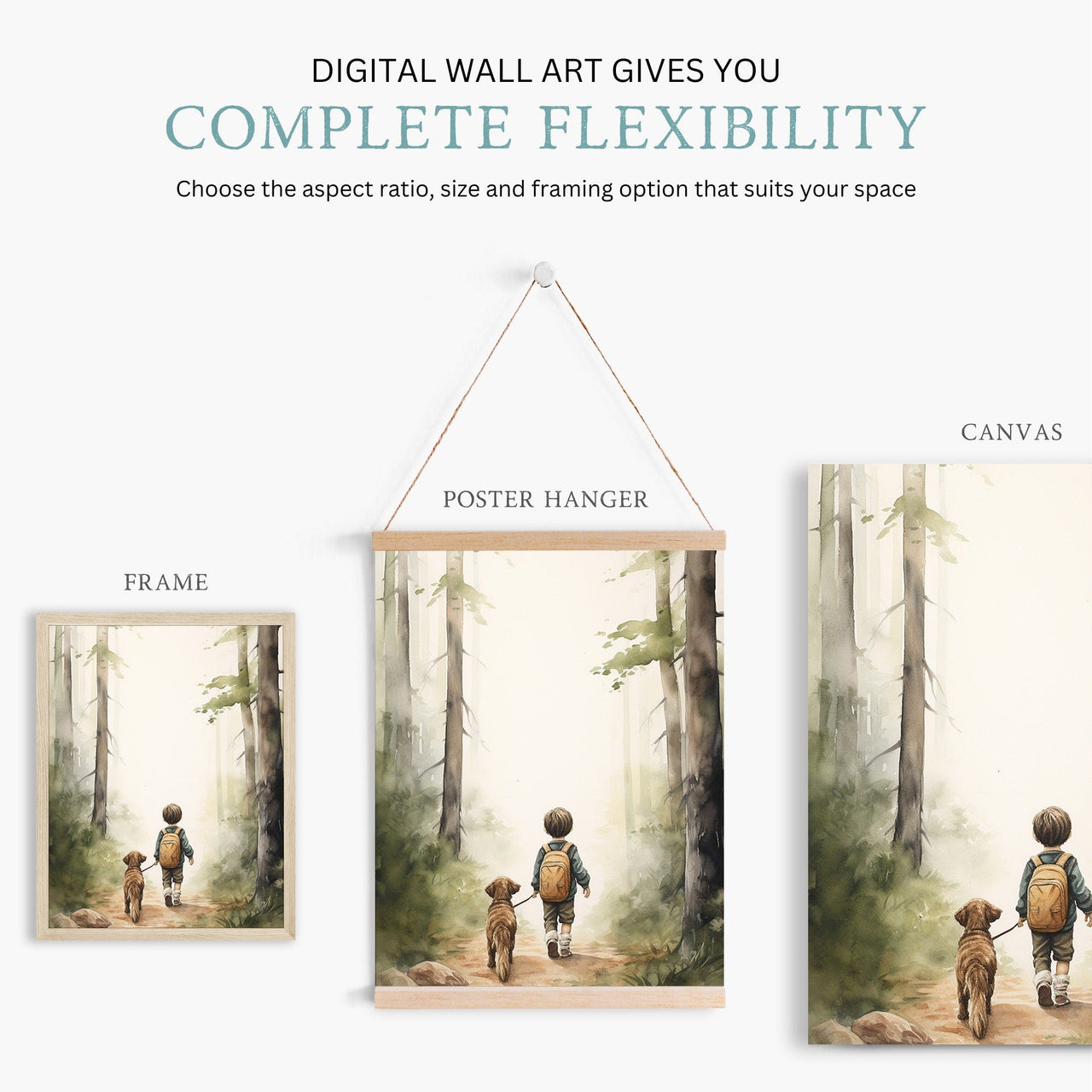 Hiking Dog Print – Animal Boys Room Wall Art • Set of 3