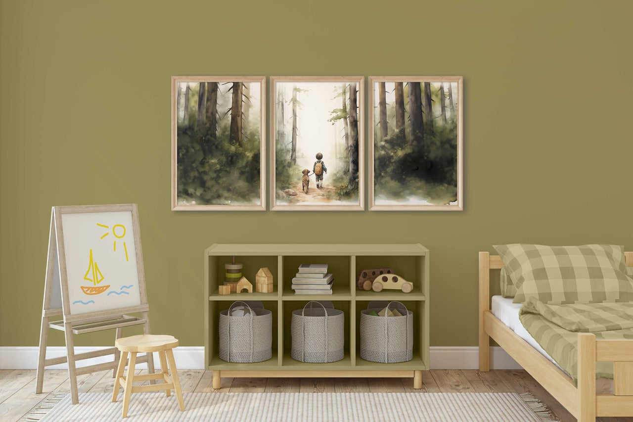 Hiking Dog Print – Animal Boys Room Wall Art • Set of 3