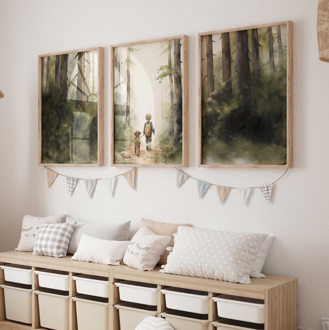 Boy and Dog Wall Art – Animal Nursery Print • Set of 3