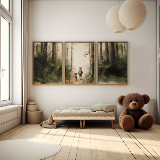 Boy and Dog Wall Art – Animal Nursery Print • Set of 3