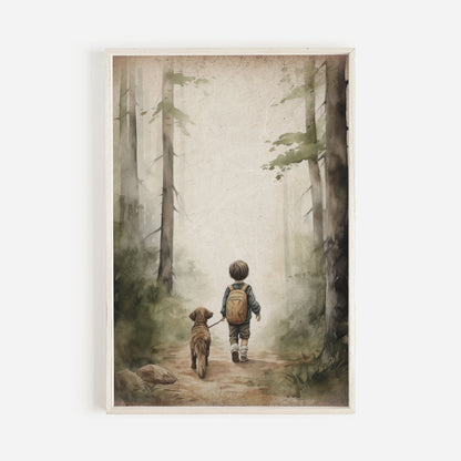 Boy and Dog Print, Rustic Nursery Decor, Puppy Lover Art - WildfieldPrints