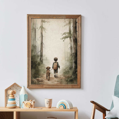 Boy and Dog Print, Rustic Nursery Decor, Puppy Lover Art - WildfieldPrints