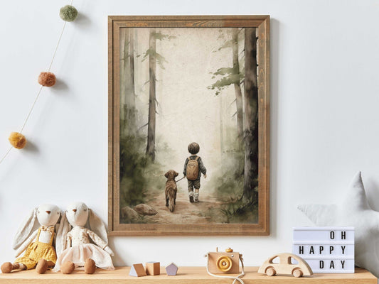 Boy and Dog Print, Rustic Nursery Decor, Puppy Lover Art - WildfieldPrints