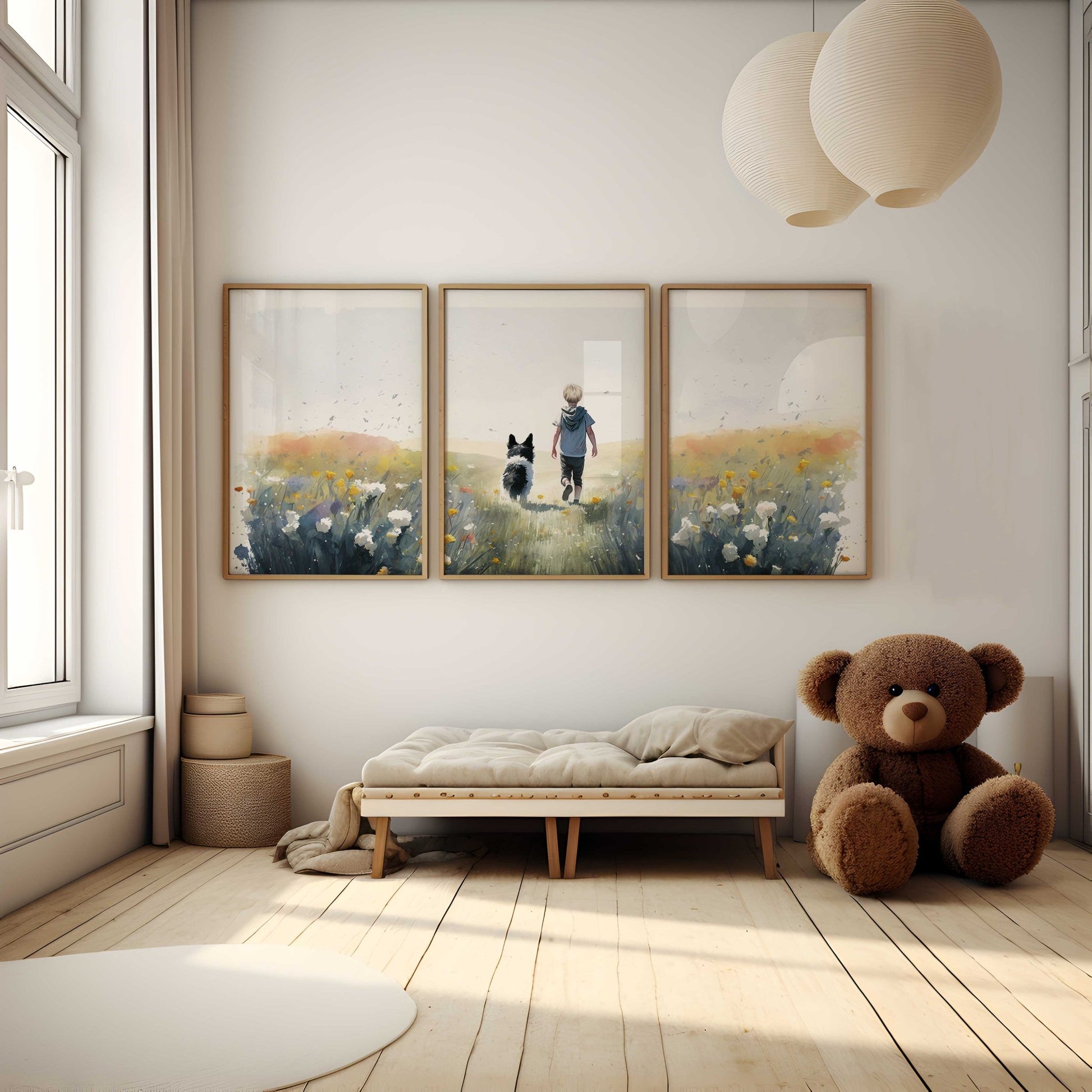 Boy and Dog Prints, Border Collie Nursery Decor, Kids Room Wall Art - WildfieldPrints