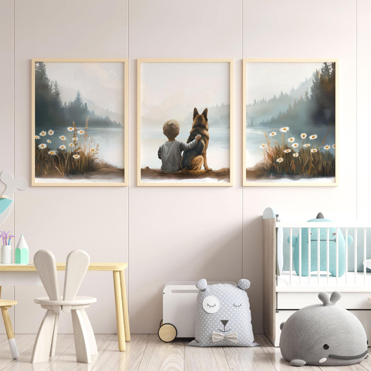 German Shepherd Wall Art – Dog Nursery Print for Boys Room • Set of 3