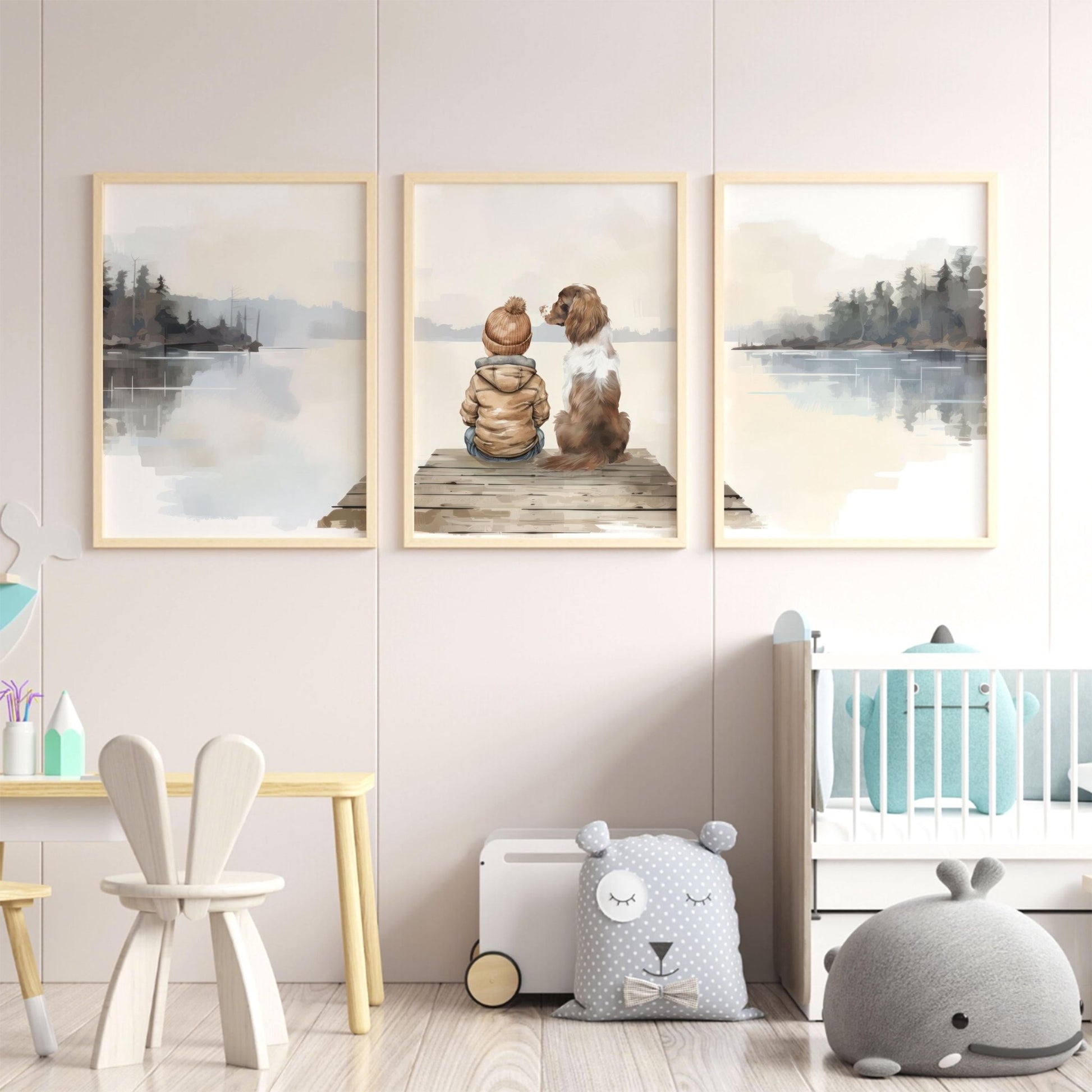 Boy and Springer Spaniel Nursery Decor, Springer Spaniel Art, Dog Nursery Decor Set of 3, Brown & White Springer Spaniel, Printable Dog Art - My Store