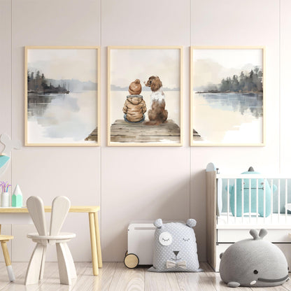 Boy and Springer Spaniel Nursery Decor, Springer Spaniel Art, Dog Nursery Decor Set of 3, Brown & White Springer Spaniel, Printable Dog Art - My Store