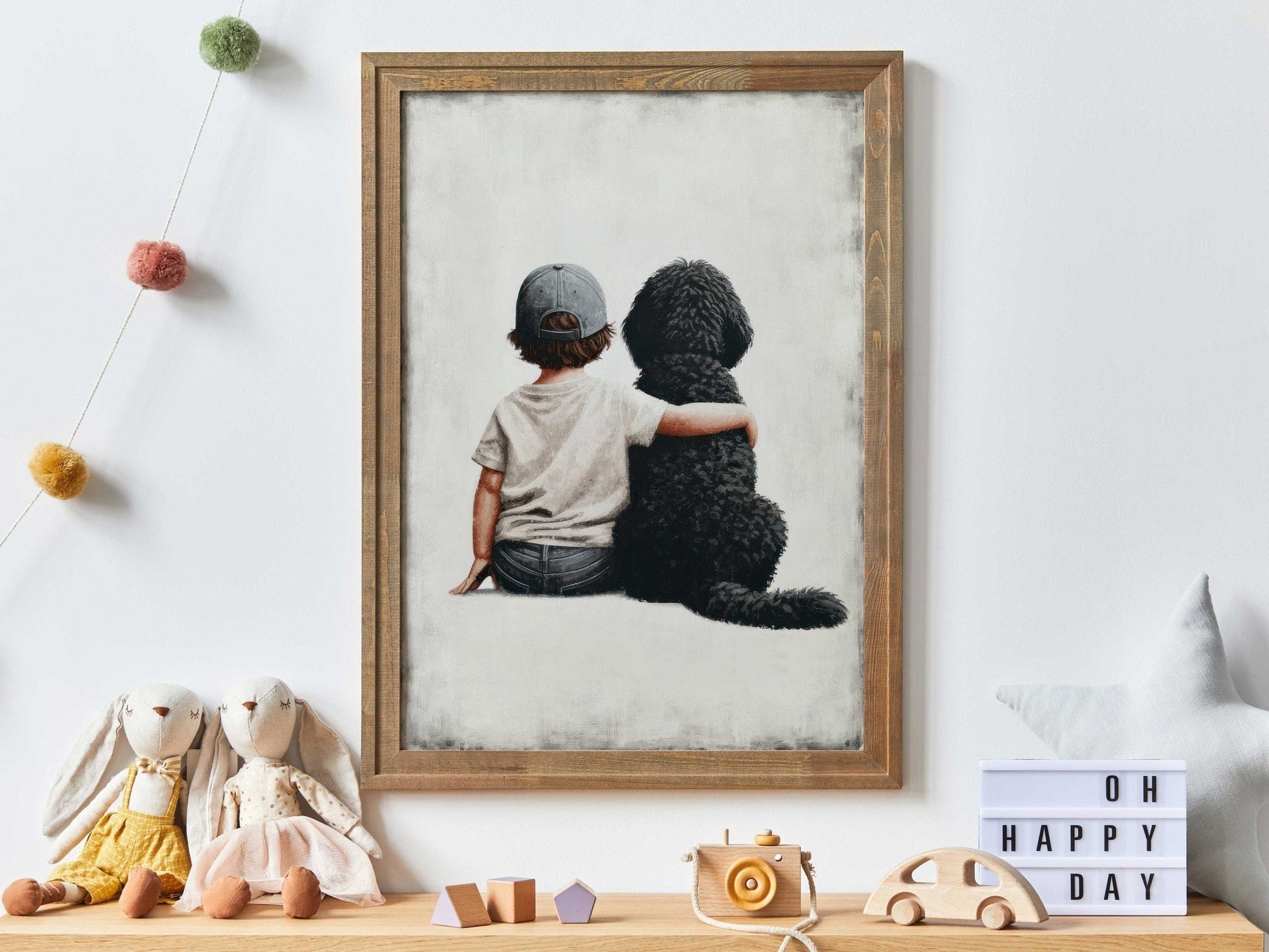 Boy & Black Goldendoodle Print, Vintage - Inspired Nursery Decor - WildfieldPrints