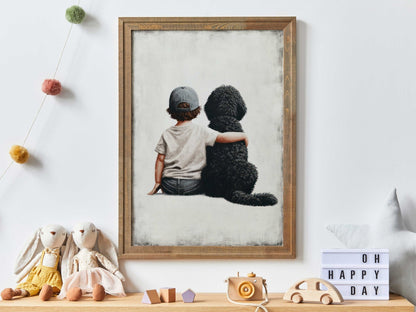 Boy & Black Goldendoodle Print, Vintage - Inspired Nursery Decor - WildfieldPrints