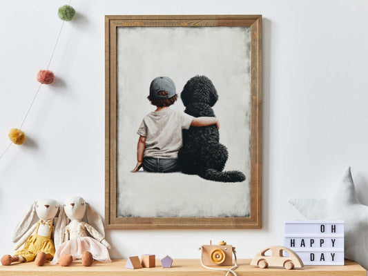 Boy & Black Goldendoodle Print, Vintage - Inspired Nursery Decor - WildfieldPrints