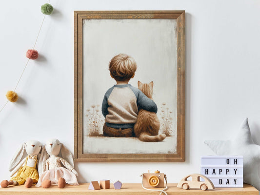 Boy & Cat Painting, Cat Nursery Print, Boy's Room Wall Decor - WildfieldPrints
