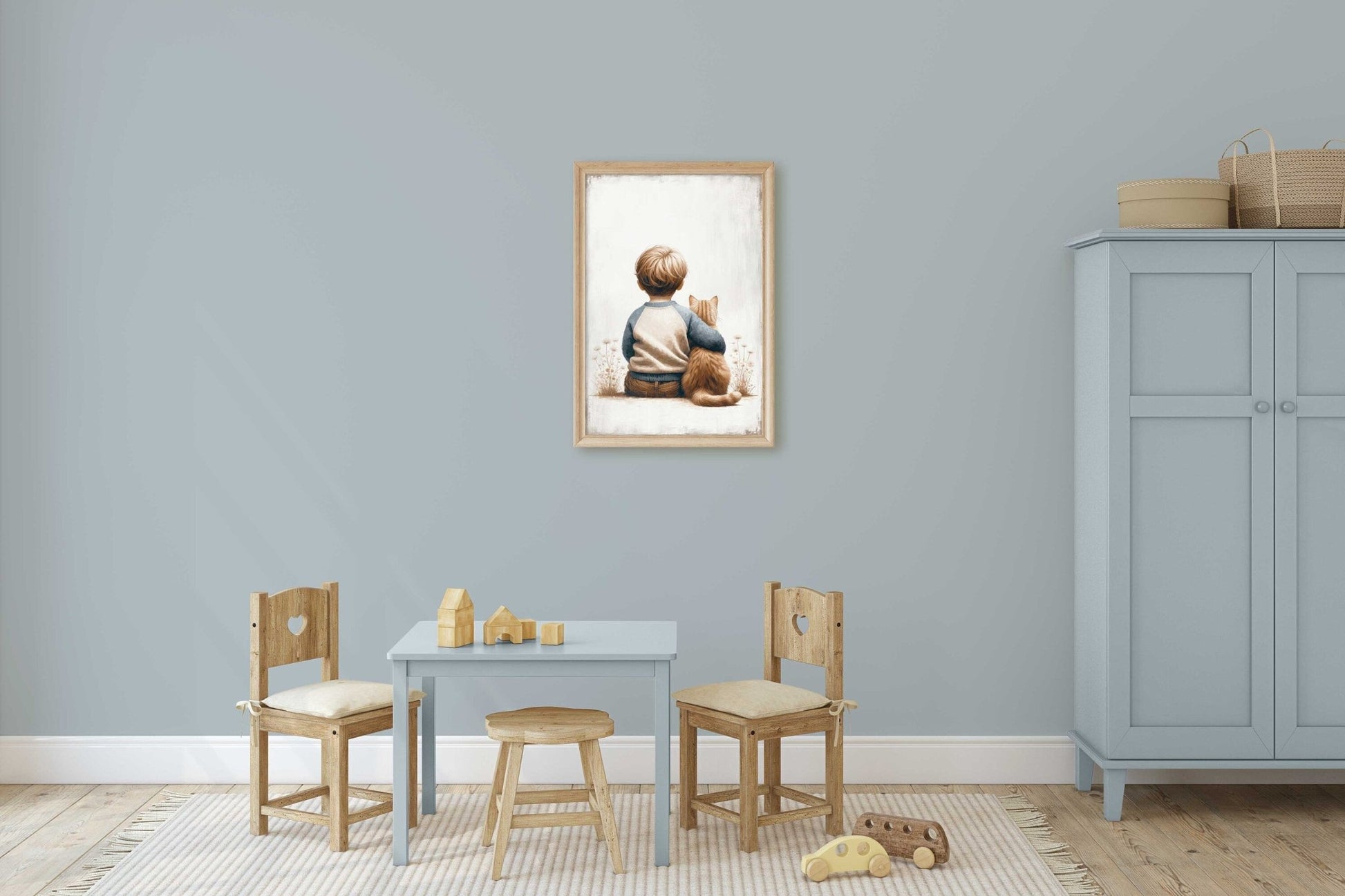 Boy & Cat Painting, Cat Nursery Print, Boy's Room Wall Decor - WildfieldPrints