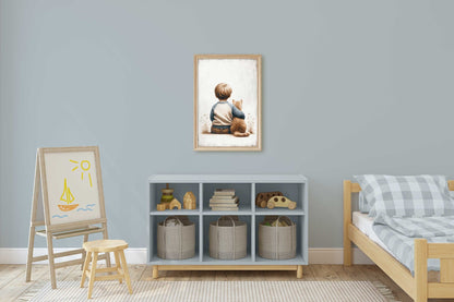 Boy & Cat Painting, Cat Nursery Print, Boy's Room Wall Decor - WildfieldPrints