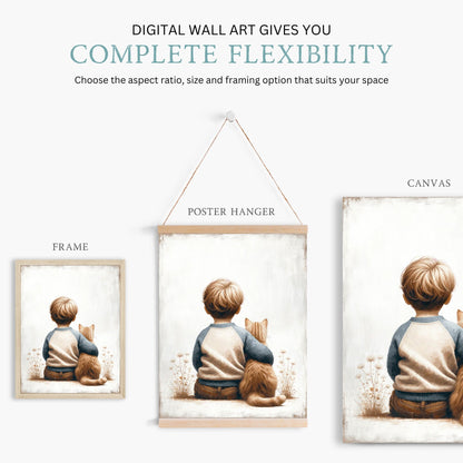 Boy & Cat Painting, Cat Nursery Print, Boy's Room Wall Decor - WildfieldPrints