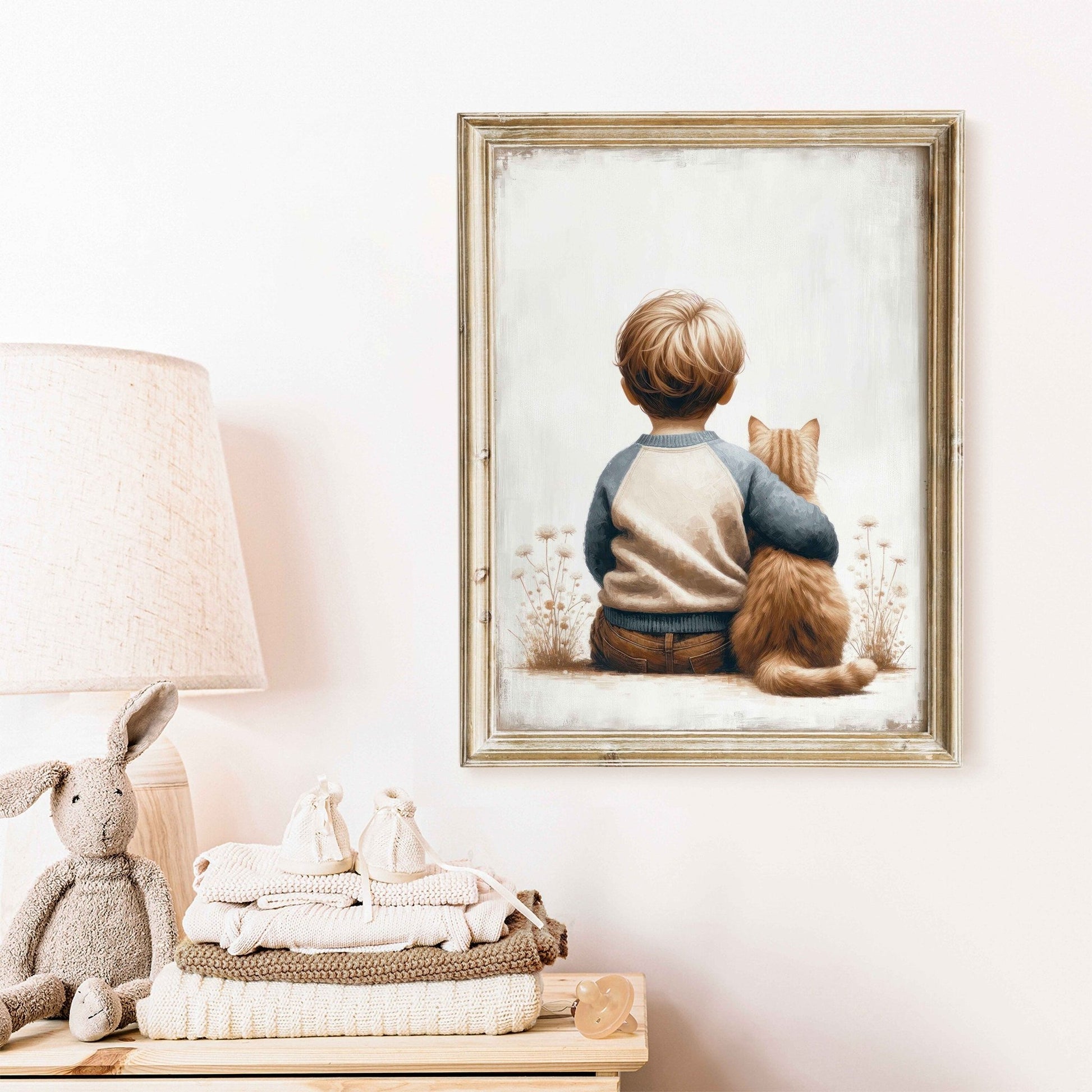 Boy & Cat Painting, Cat Nursery Print, Boy's Room Wall Decor - WildfieldPrints