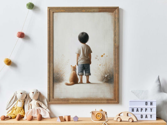 Boy & Cat Print, Cat Nursery Decor, Whimsical Wall Art - WildfieldPrints