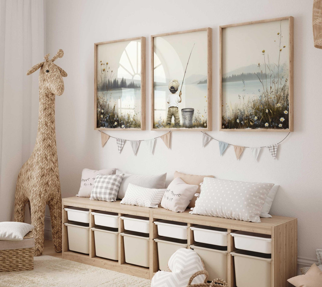 Boy Fishing Wall Art – Lake Kids Room Print • Set of 3