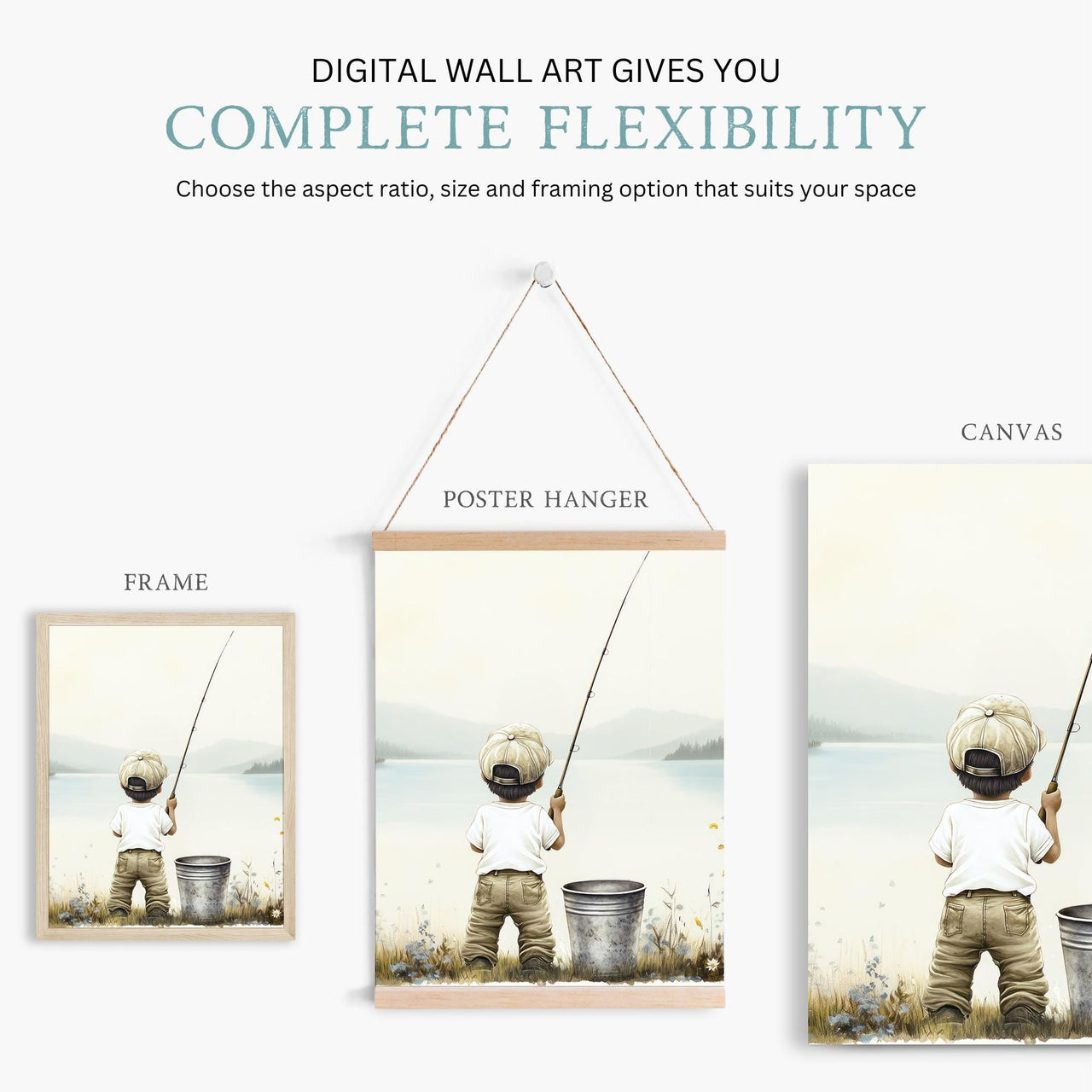 Boy Fishing Wall Art – Lake Kids Room Print • Set of 3
