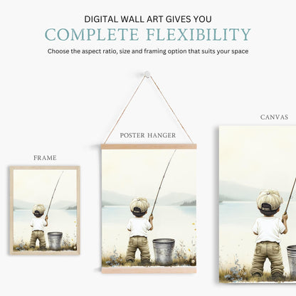 Boy Fishing Nursery Wall Decor, Lake Prints, Fish Landscape Art - WildfieldPrints