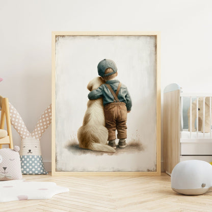 Boy & Golden Retriever Embrace Art, Vintage Nursery Wall Decor, Customizable Pet Poster - WildfieldPrints