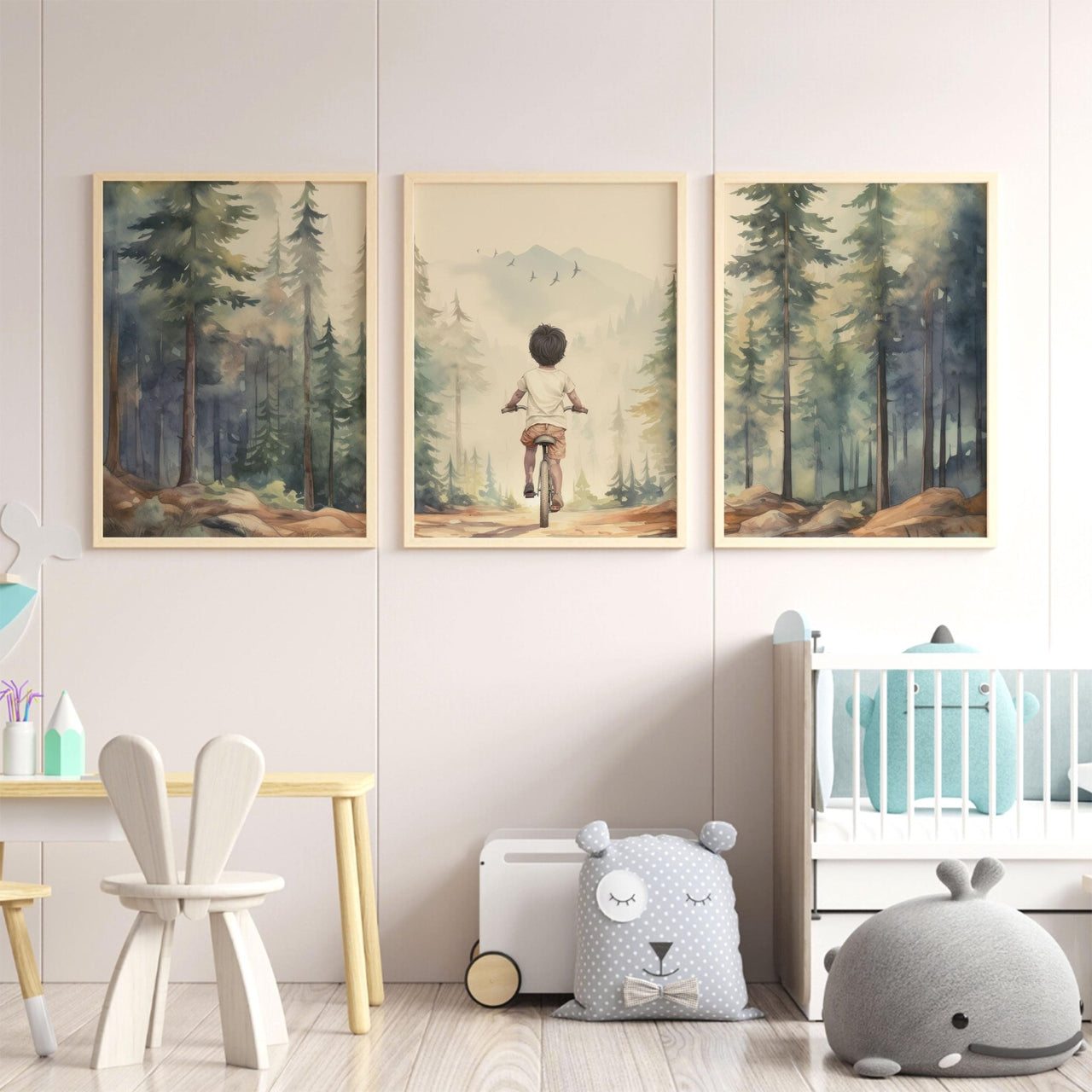 Boy on Bicycle Wall Art – Adventure Nursery Print • Set of 3