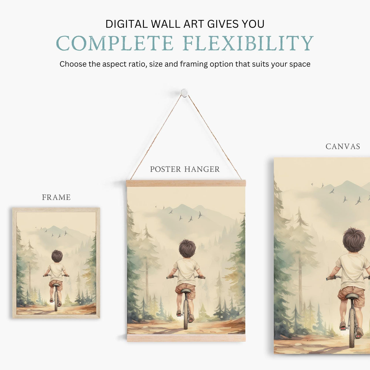 Boy on Bicycle Wall Art – Adventure Nursery Print • Set of 3