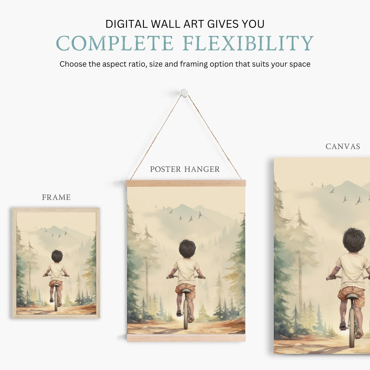 Boy on Bicycle Wall Art – Adventure Nursery Print • Set of 3
