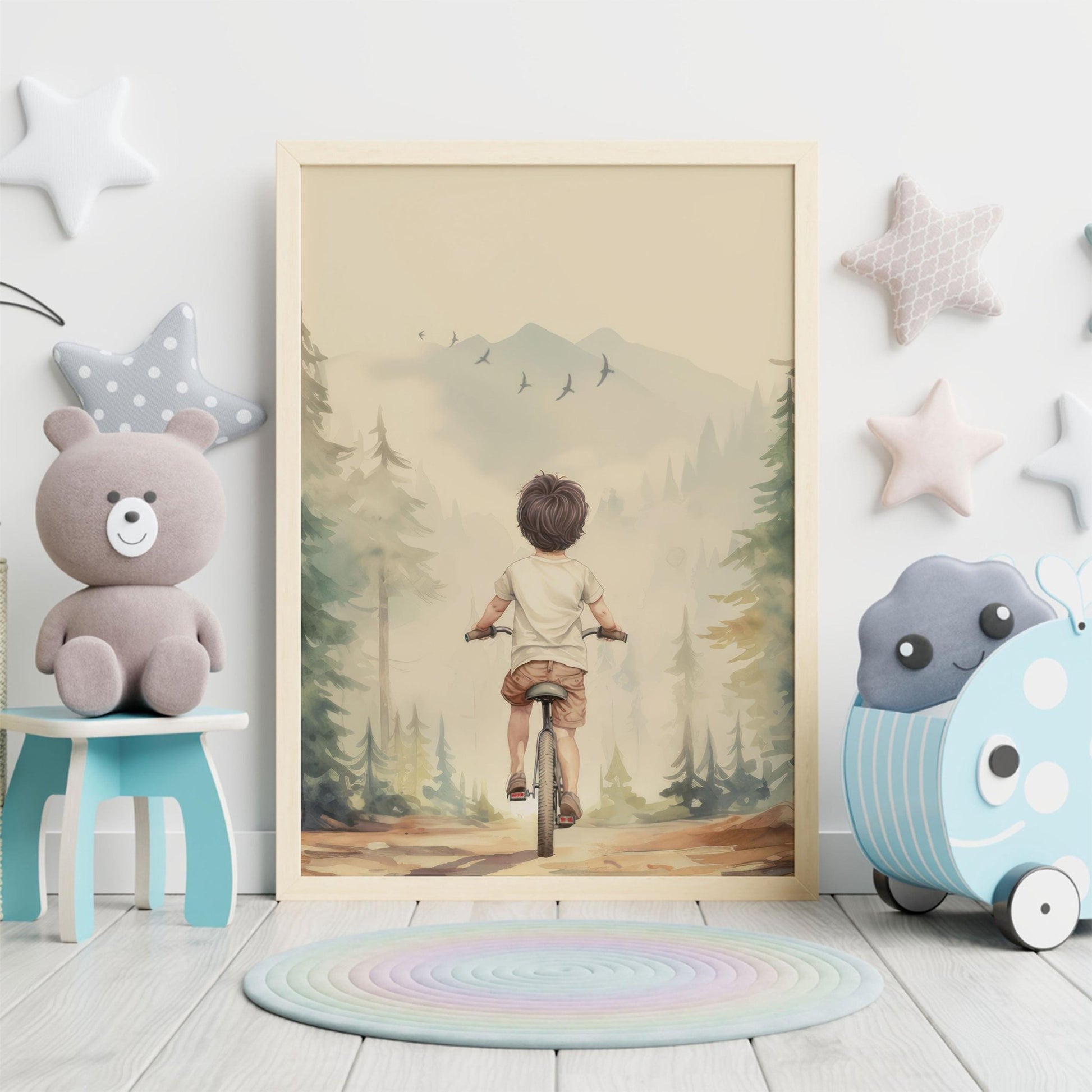 Boy on Bike Art, Mountain Biking Decor, Outdoor Adventure Wall Print - WildfieldPrints