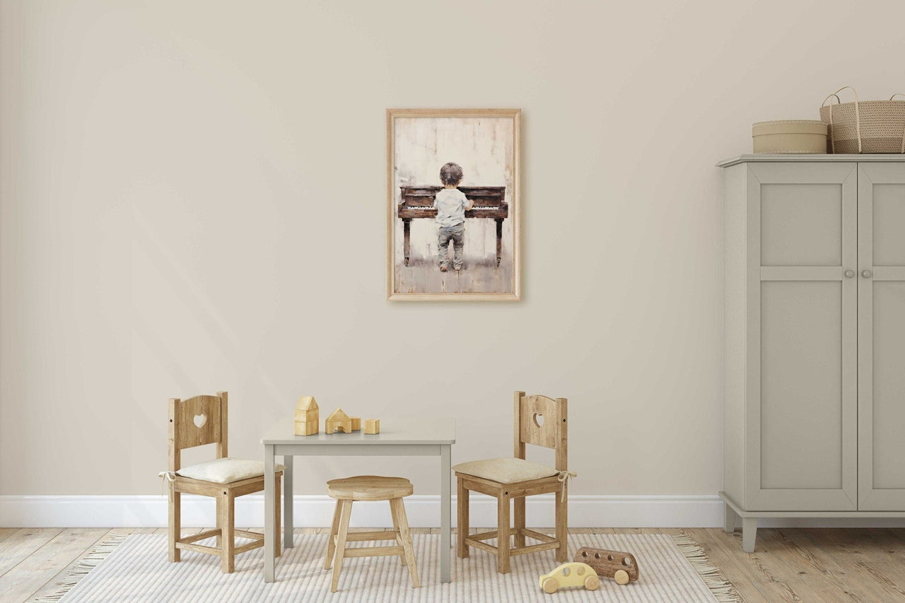 Boy Playing Piano Wall Art – Music Nursery Print for Toddlers