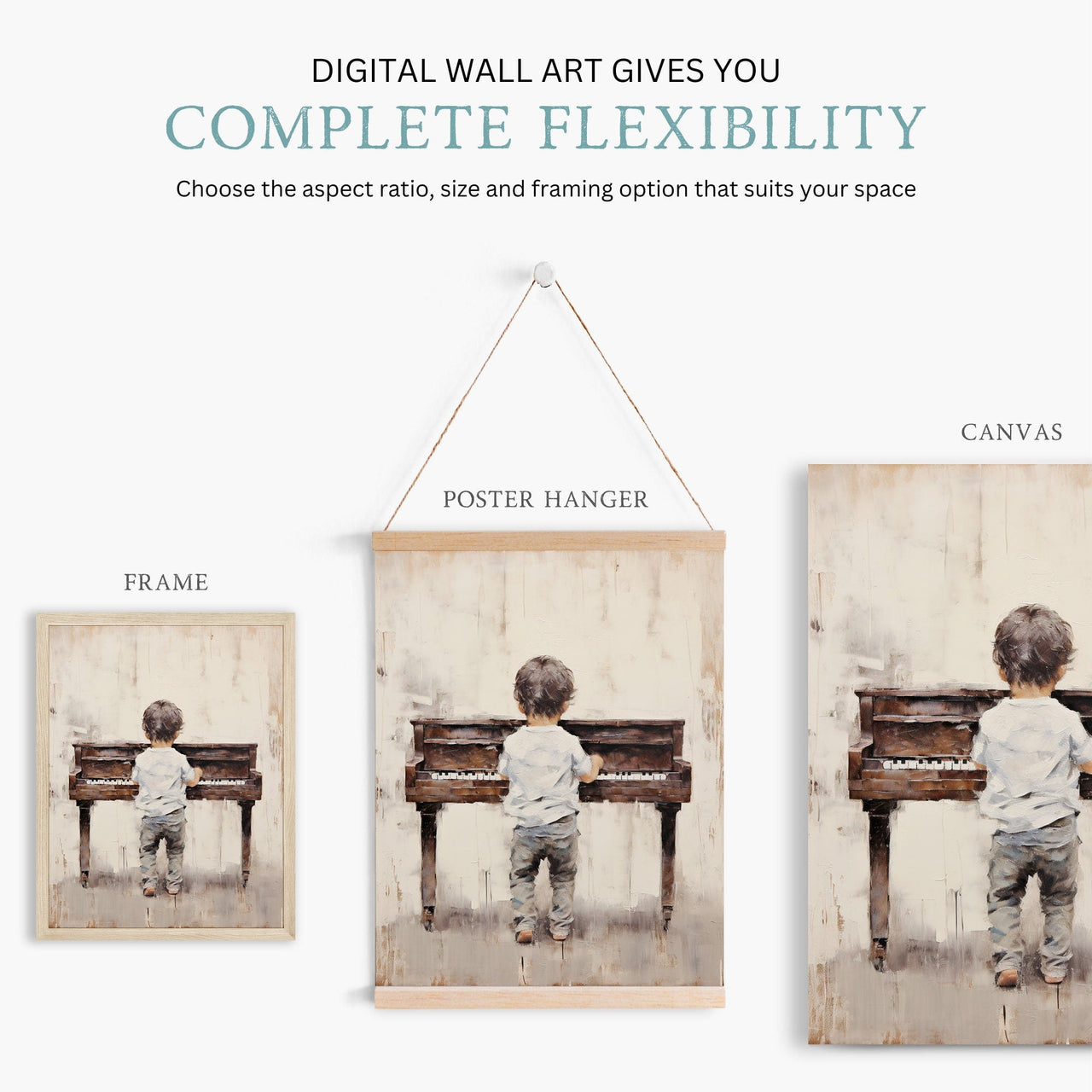 Boy Playing Piano Wall Art – Music Nursery Print for Toddlers